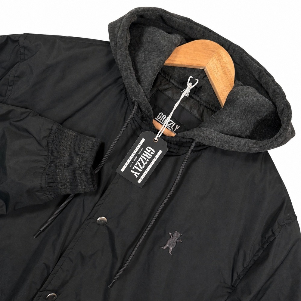 Grizzly Griptape Hooded Bomber Jacket Mens S Black Varsity Windbreaker New NWT